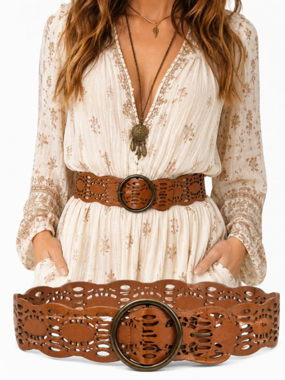 Esprit Brown Leather Cutout Scalloped Wide Belt Round Buckle Boho